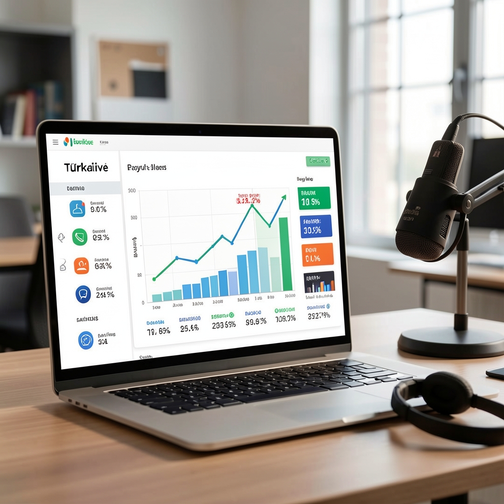 Türkiye podcast dinleyici büyüme grafiği 2022-2024, mavi ve mor tonlarda yükselen çizgi grafiği, dijital analitik gösterge paneli