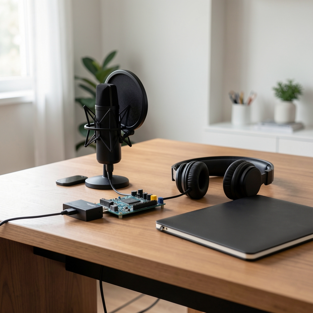 Podcast kayıt ekipmanları: masa üzerinde profesyonel kondenser mikrofon, pop filtre, ses kartı ve kulaklık seti, ahşap masa yüzeyi