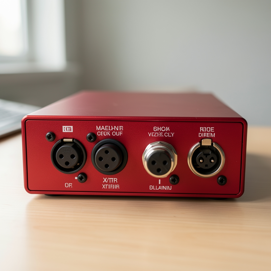 Focusrite Scarlett Solo ses arayüzü, kırmızı alüminyum kasa, büyük kazanım düğmesi ve XLR/TRS girişleri masaüstü kurulumda
