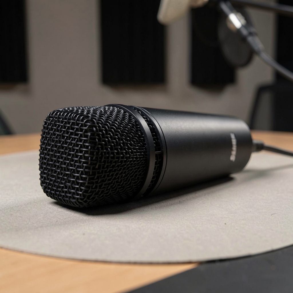 Shure SM7B dinamik mikrofon profesyonel stüdyo kurulumunda, yayın kalitesi ses kayıt ekipmanı