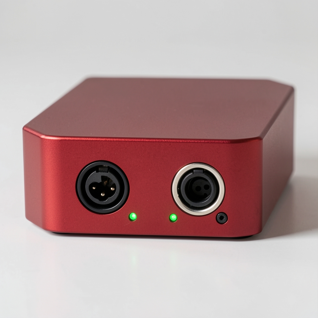Focusrite Scarlett 2i2 USB ses ara yüzü, kırmızı metalik kasa, iki mikrofon girişli ön panel ve yeşil seviye göstergeleri