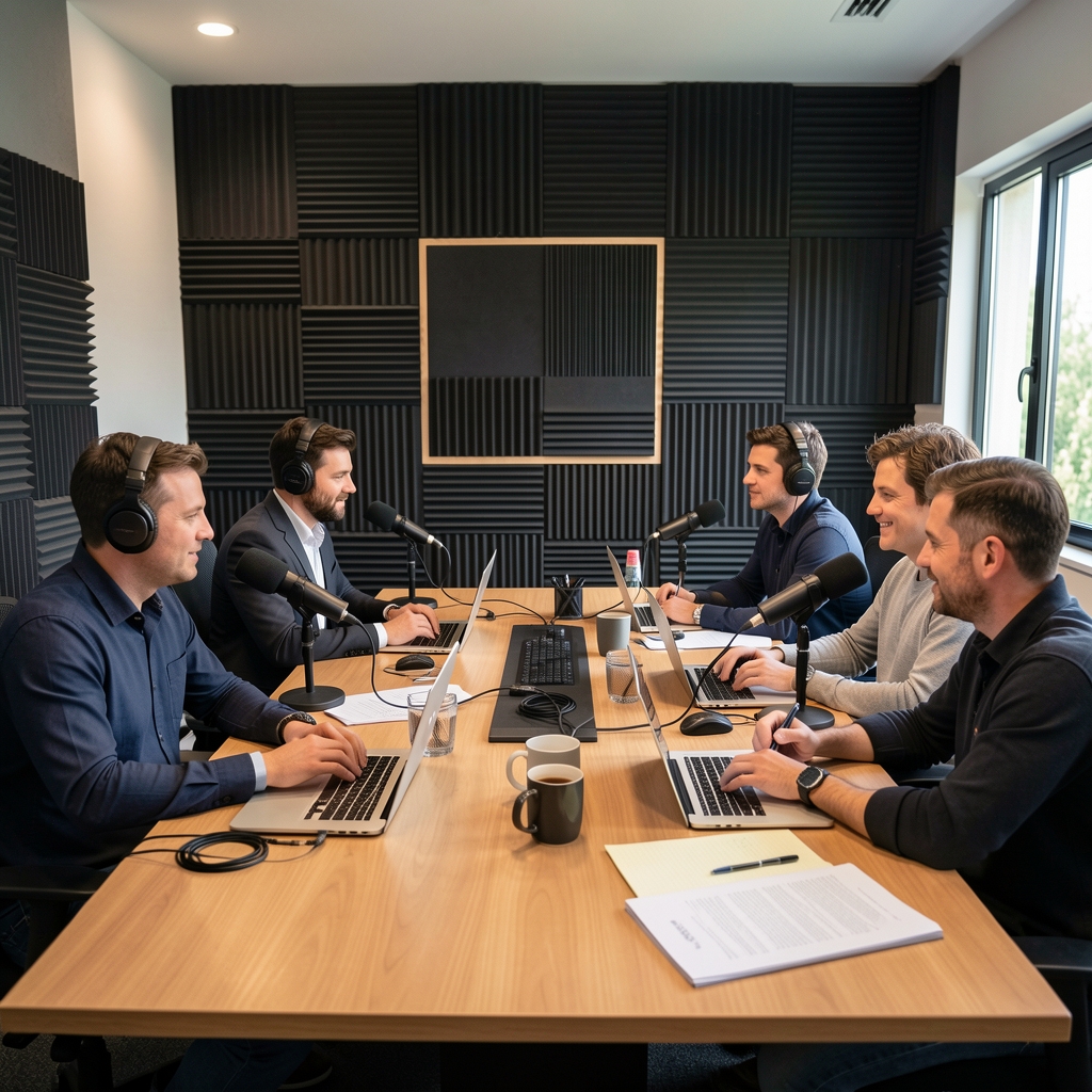 Sontar ekibi, modern podcast stüdyosu ortamında akustik paneller önünde toplantı yapıyor, masa etrafında laptoplar ve notlar