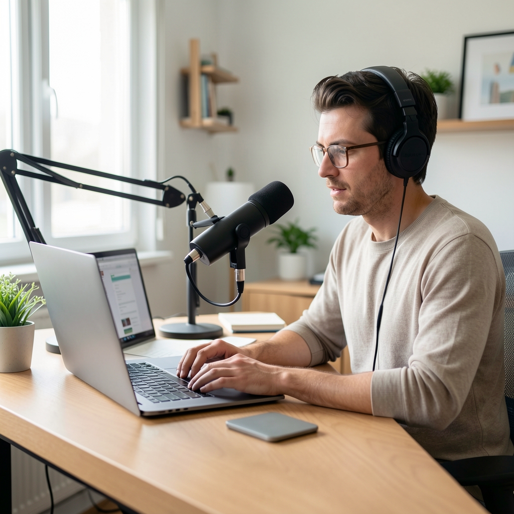 Yeni başlayan podcast üreticisi, masaüstünde USB mikrofon ve dizüstü bilgisayarla ilk kayıt denemesini yapıyor, aydınlık ve düzenli ev ofisi ortamı