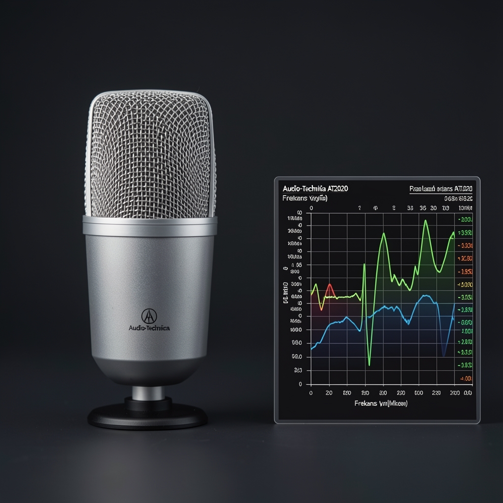 Audio-Technica AT2020 kondenser mikrofon, karanlık zemin üzerinde metalik gri kapsül, yanda frekans yanıtı tablosu görünür