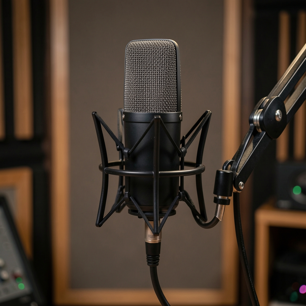 Shure SM7B dinamik kardioid mikrofon, siyah metal gövde ve yastıklama sistemi, yayıncı kolu üzerinde profesyonel stüdyo arka planı
