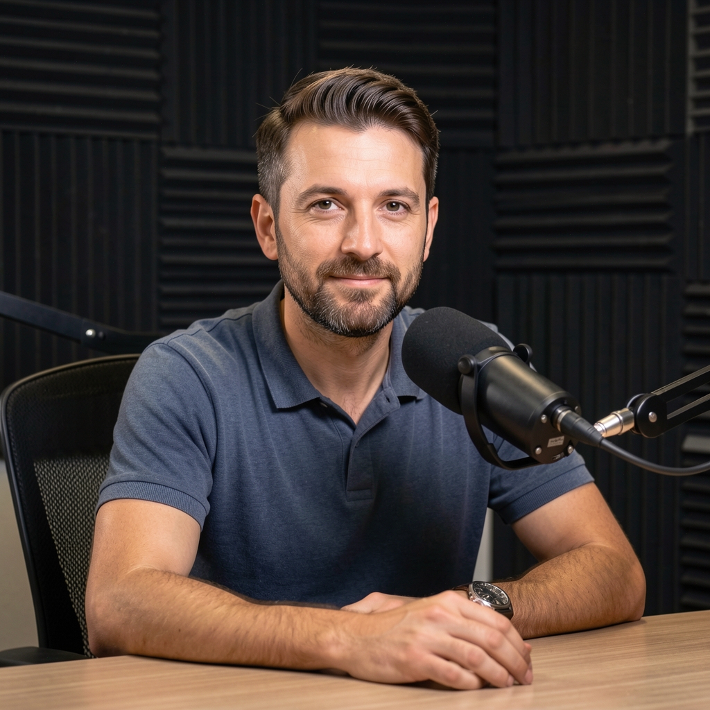 Mikrofonun önünde oturan erkek podcast sunucusu, stüdyo ortamı ve arka planda akustik paneller
