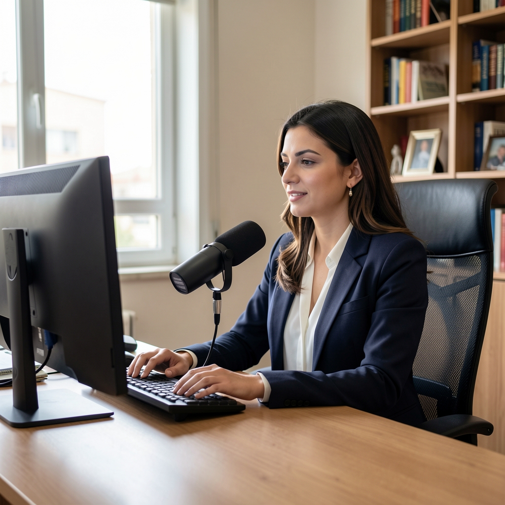 Gazeteci ve podcast üreticisi Defne Yılmaz, portföy bilgisayarı önünde çalışırken, İzmir'de modern açık ofis ortamı