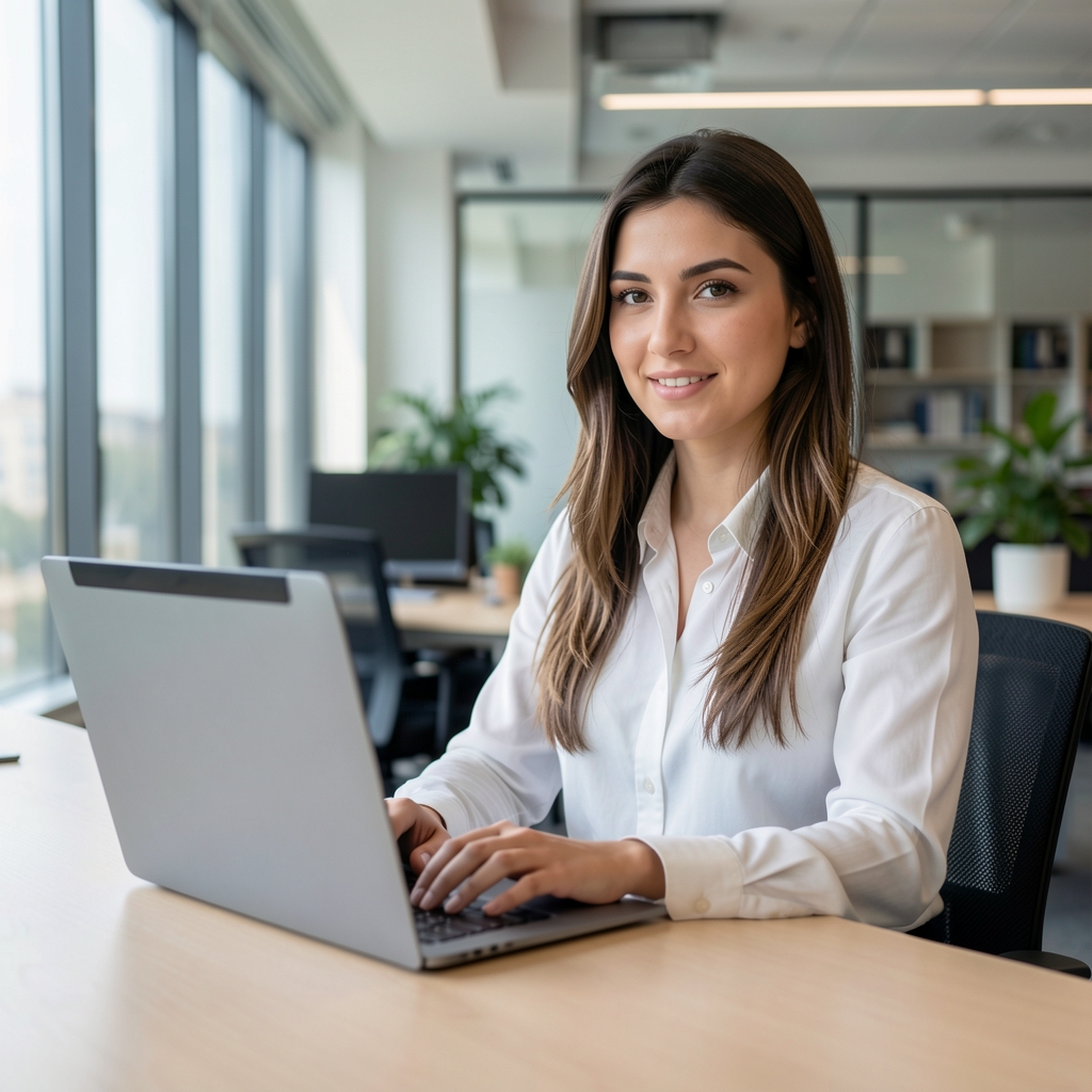 Selin Çelik portresi, genç kadın dijital içerik stratejisti, modern ofis ortamında dizüstü bilgisayar önünde çalışırken portre fotoğrafı