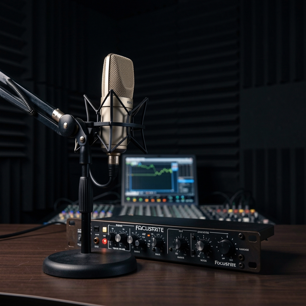 Shure SM7B dinamik mikrofon profesyonel yayıncı kolu üzerinde, ön planda Focusrite ses kartı, arka planda karanlık stüdyo ortamı ve akustik paneller