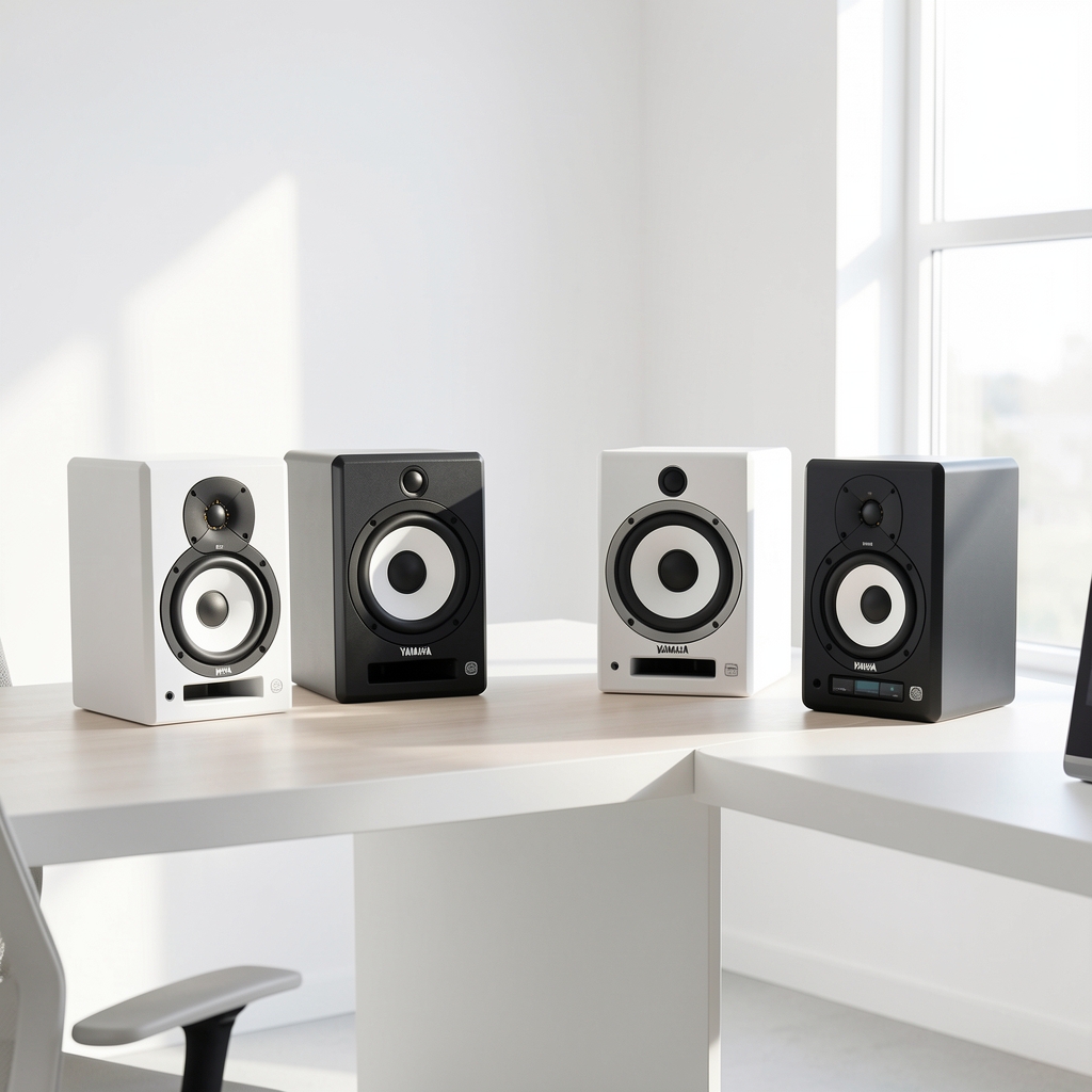 Yamaha HS5 aktif stüdyo monitörü çifti, beyaz konileri ve siyah kasaları ile stüdyo masasının köşelerinde simetrik dizilim